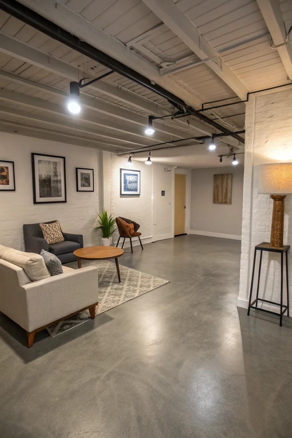 Coated concrete provides a streamlined, minimalist design for basements.