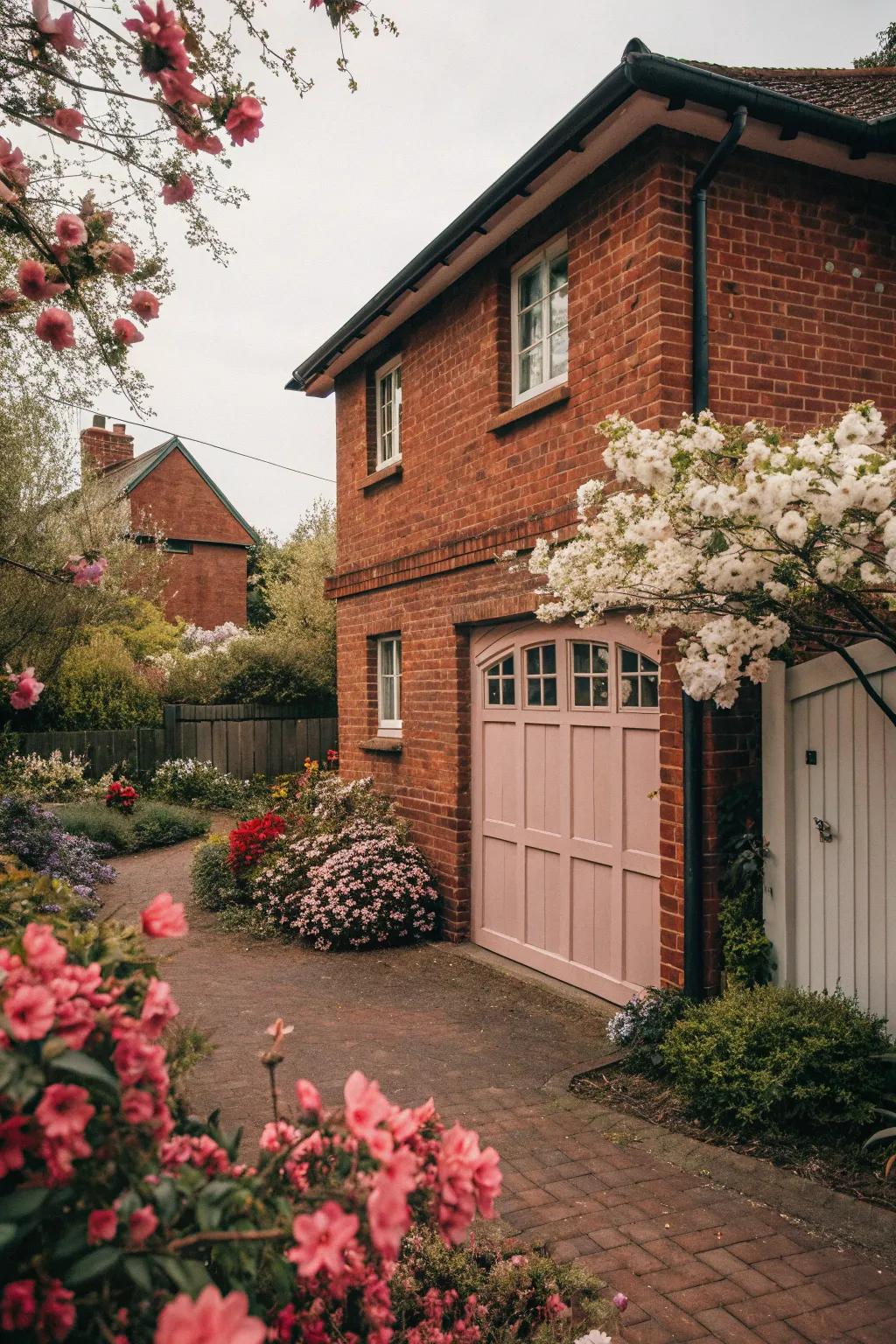 Muted rose garage doors make a charming statement on red brick homes.