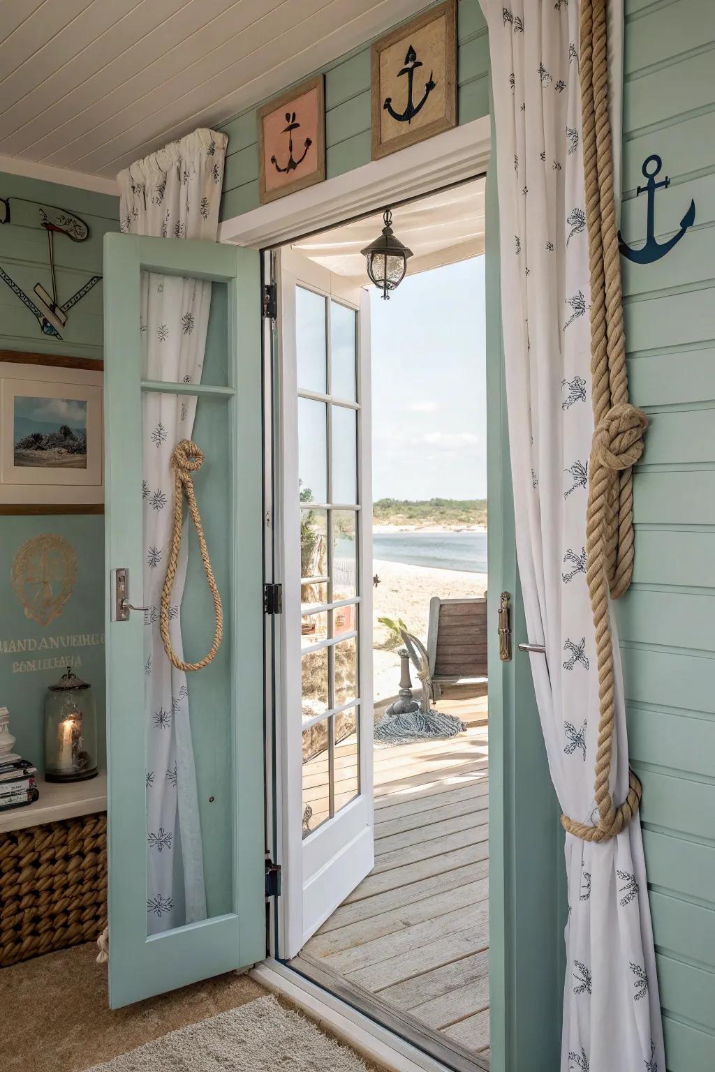 Wrapped cord grips bring a nautical accent to folding doors.