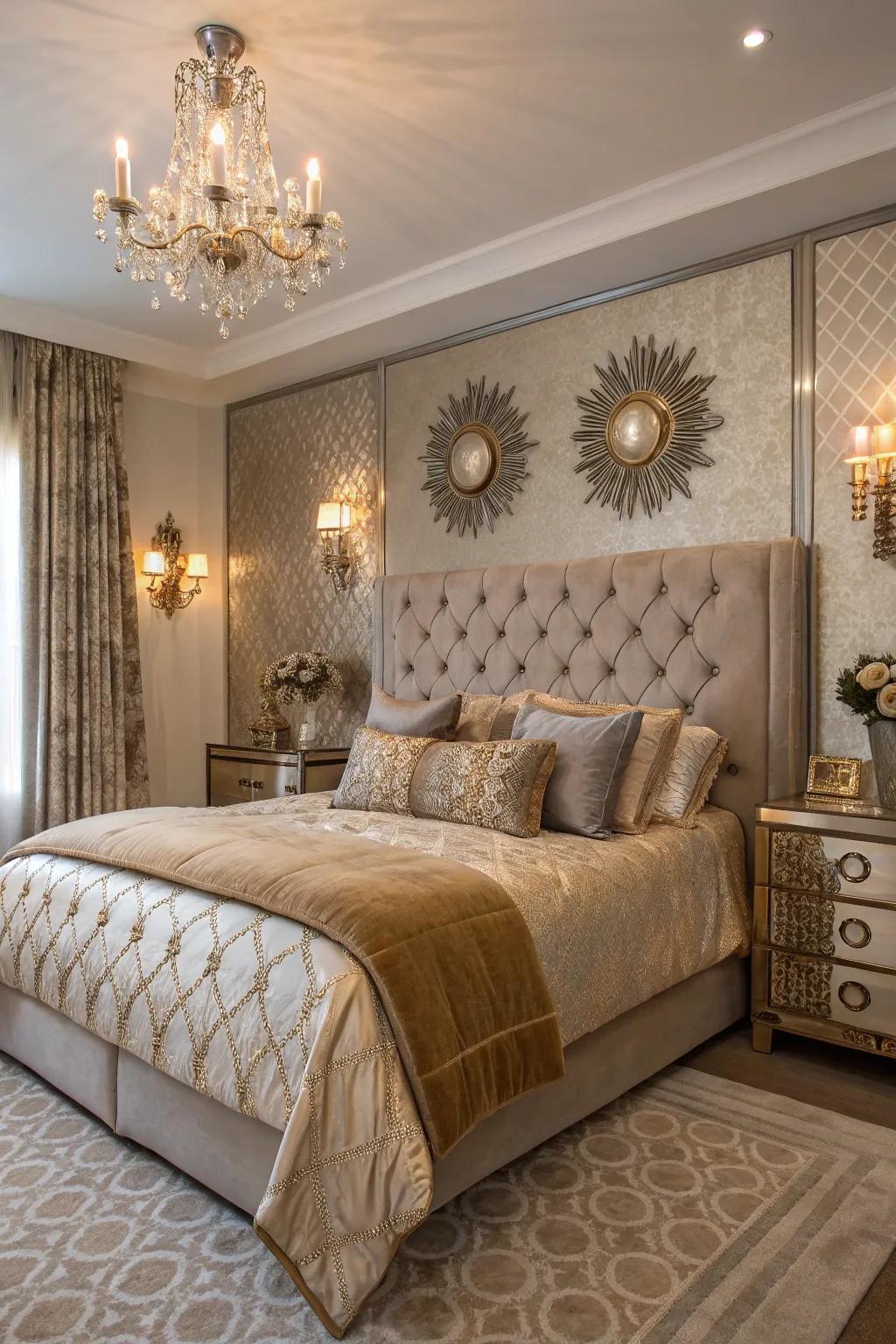 A lavish bedroom with a hint of glamour through metallic accents.