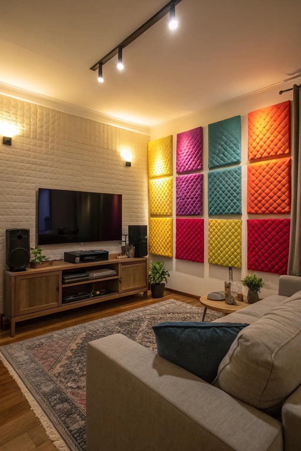 Acoustic panels function as both artistic features and sound enhancers.