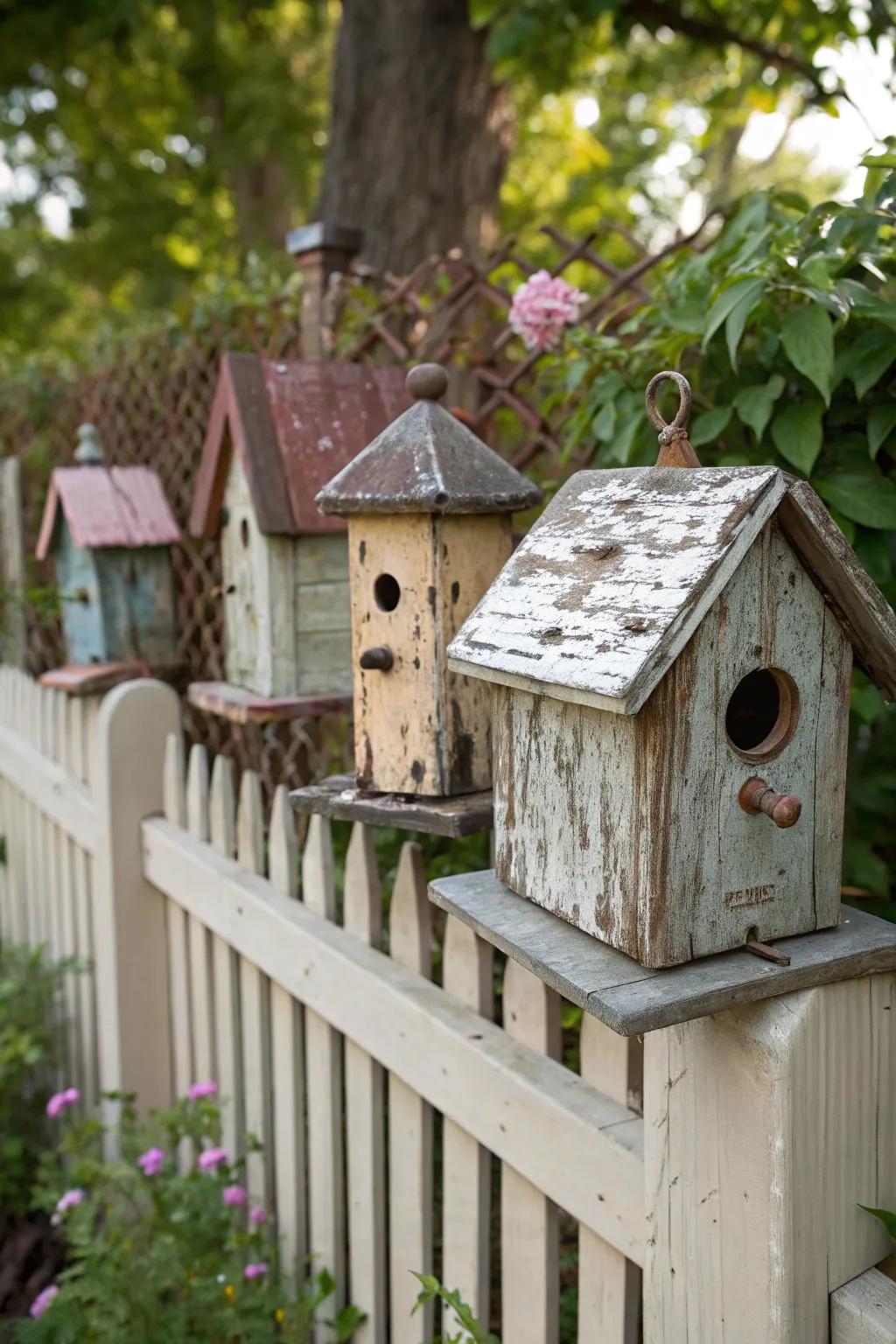 Antiquated avian dwellings contribute a nostalgic and enchanting sentiment to the fence.