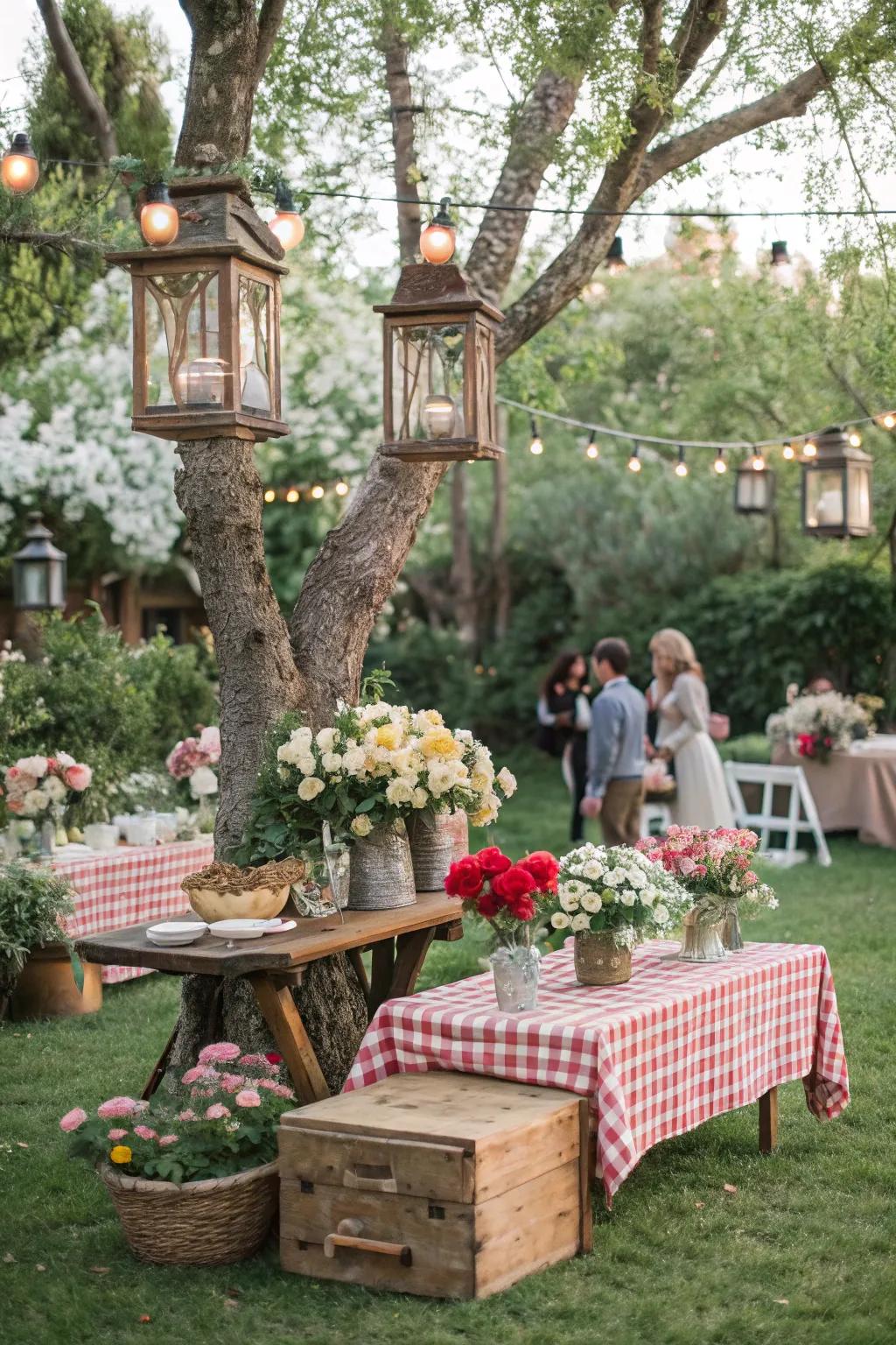 An idyllic garden party arrangement enhanced by rustic decor and current floral selections.