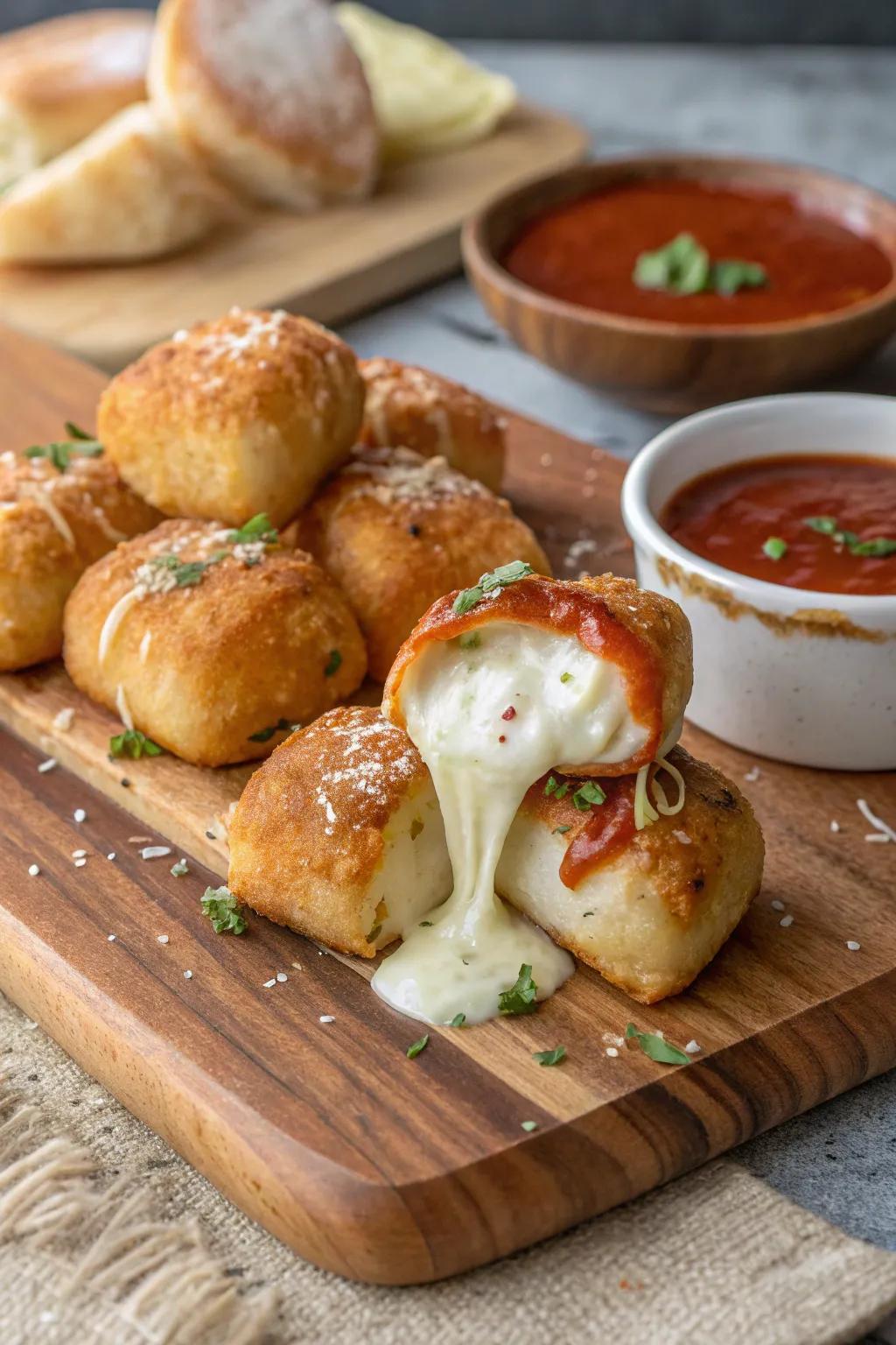 Calefied mozzarella-engorged pretzel quarters, unequivocally embodying the essence of a curd-immersed indulgence.