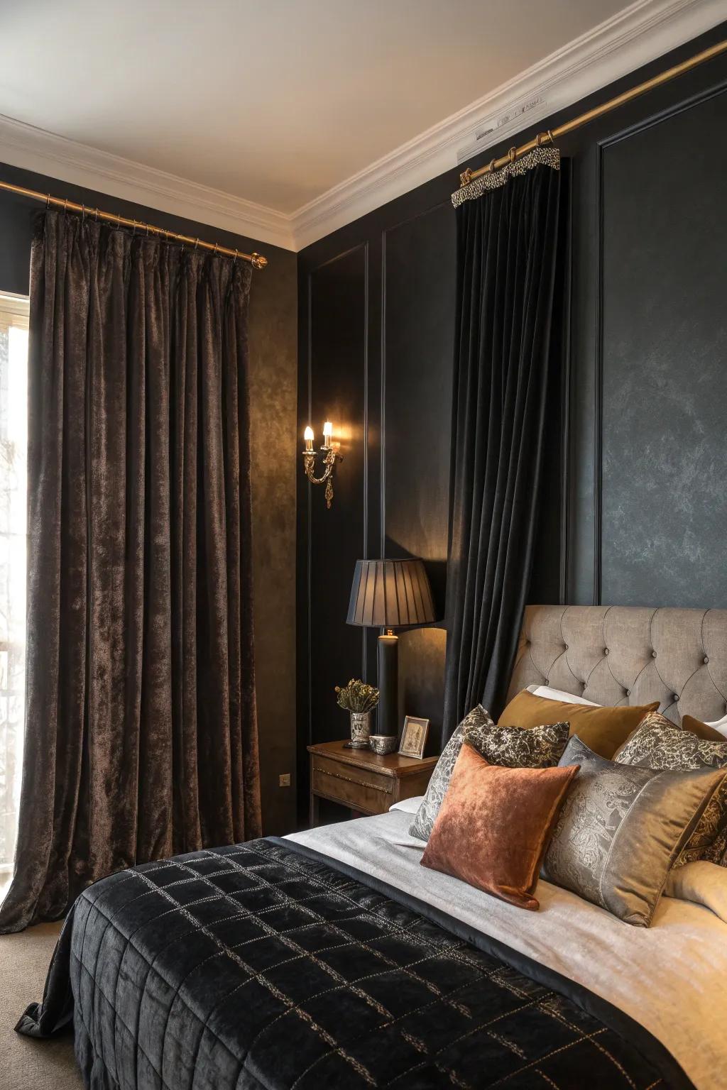 Sumptuous fabrics add opulence to a black accent wall.