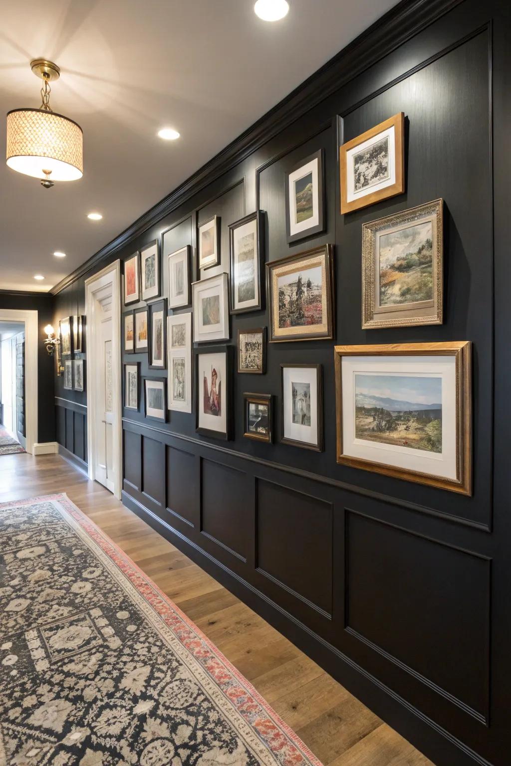An ebony accent wall converted into a gallery display with an assortment of framed artistry.