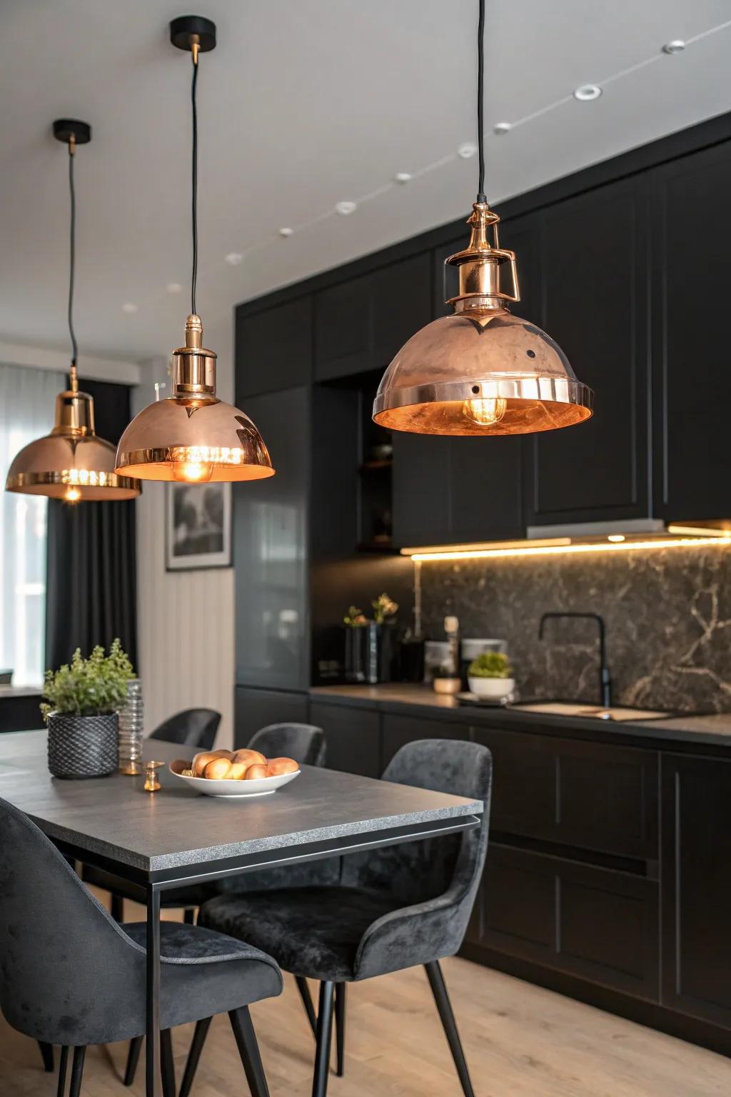 Bronze lighting fixtures add a warm, inviting glow to a black kitchen.