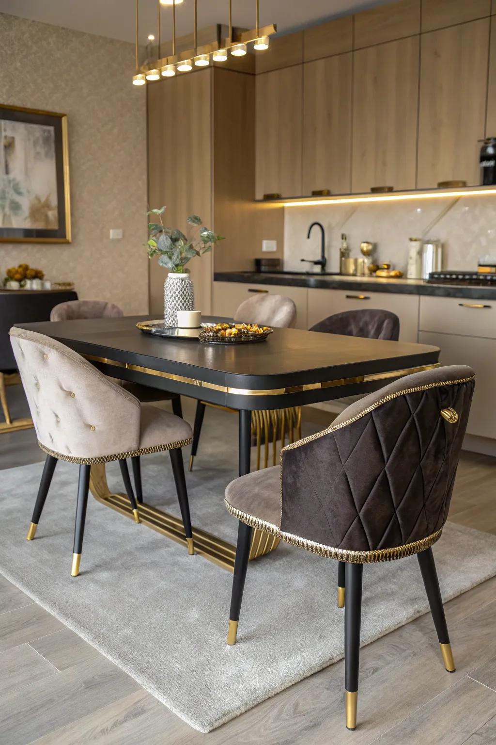 A refined dark and gilded dining space within the kitchen.