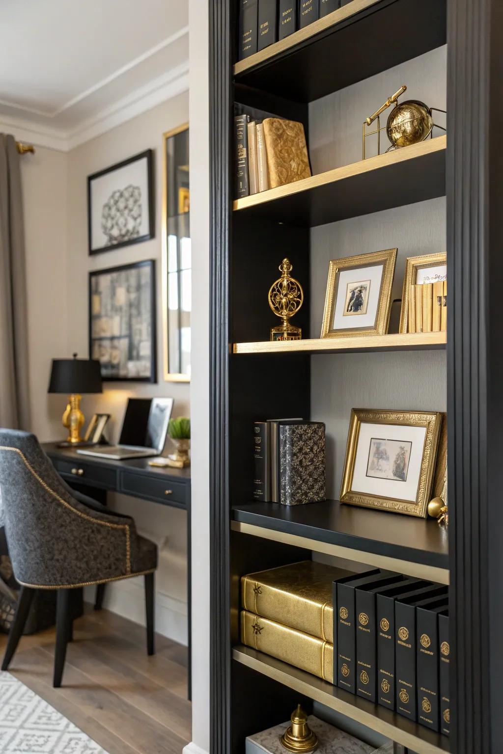 Ebony and gilded styling transforms your bookshelf into a work of art.