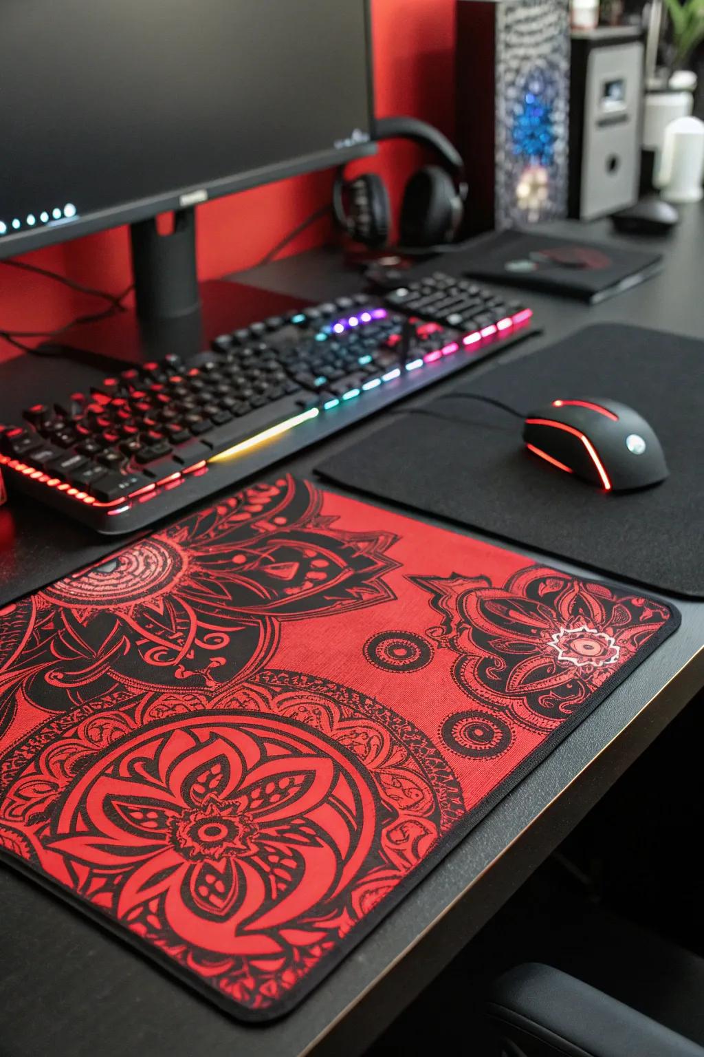 A customized desktop shield showcasing a style based on charcoal and scarlet enhances a personalized aspect to the installation.