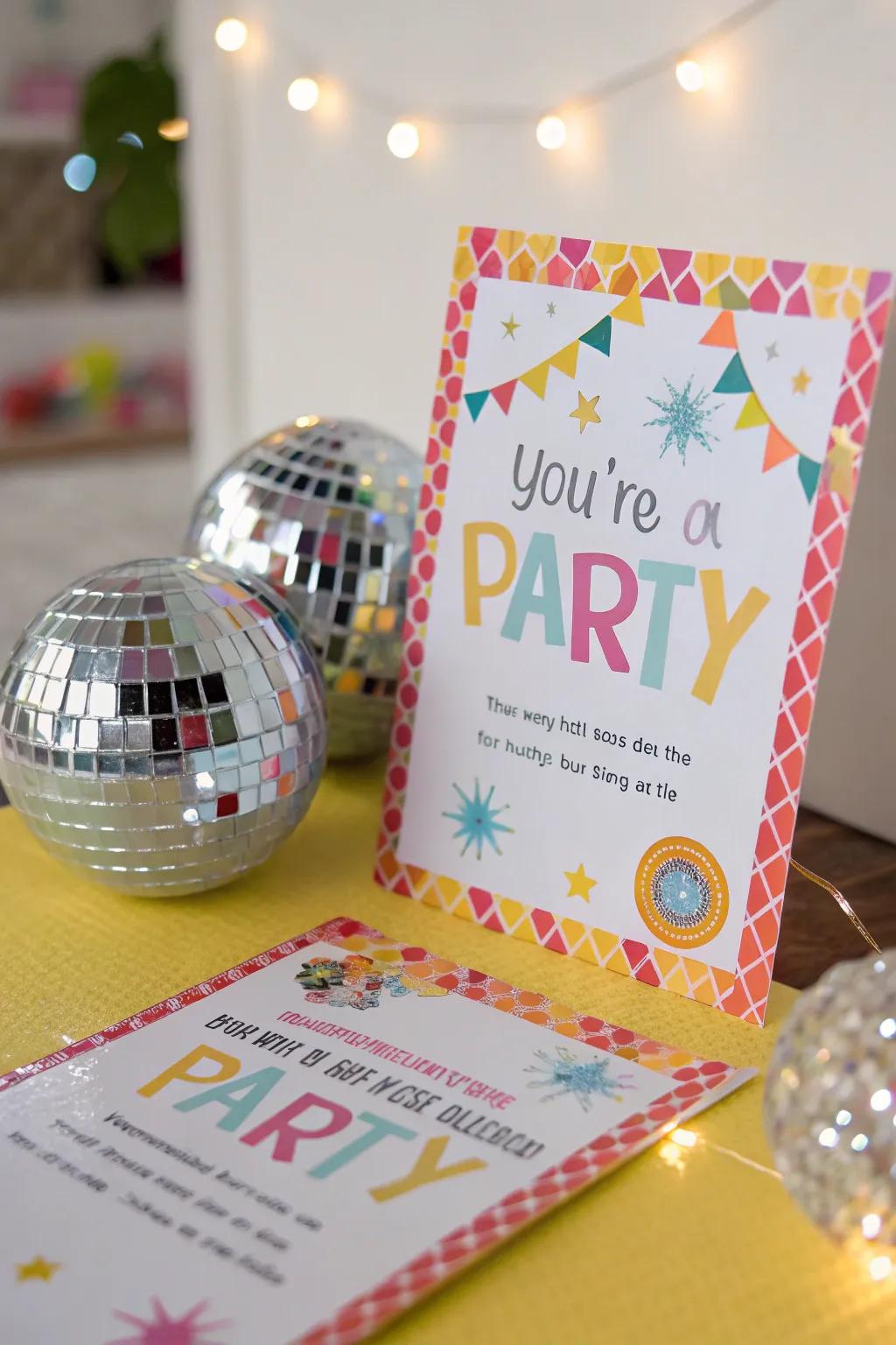 Disco ball stickers bringing a retro vibe to party invites.