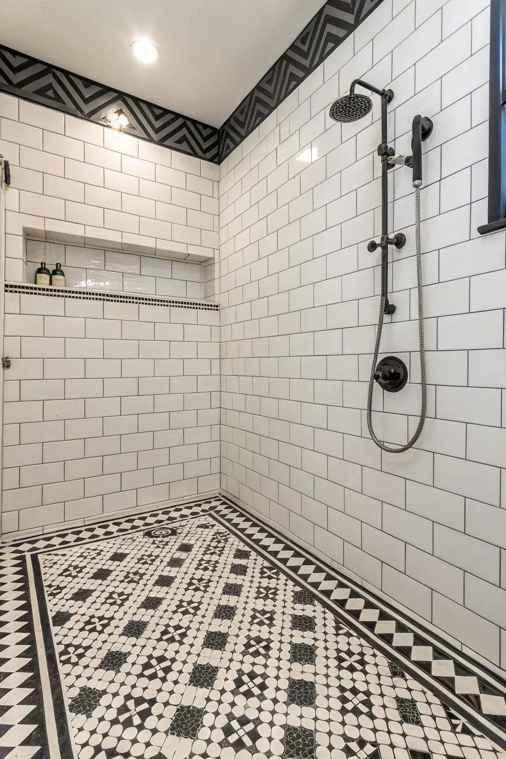 Contrasting mortar mix highlights the tile pattern.