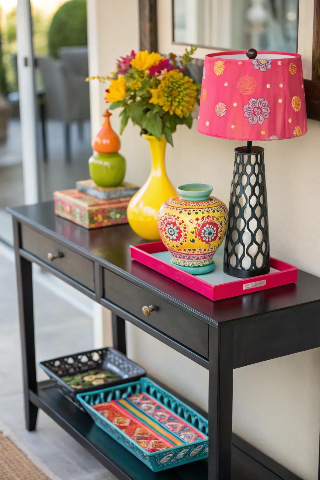 Vibrant pieces contribute a lively burst of color to the decor.