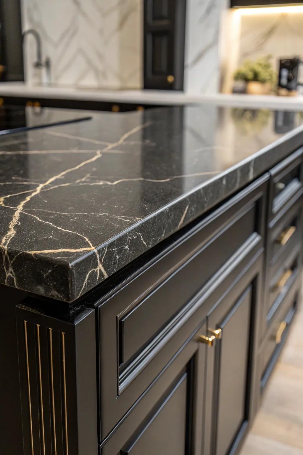Understated veining imparts elegance to ebony countertops.