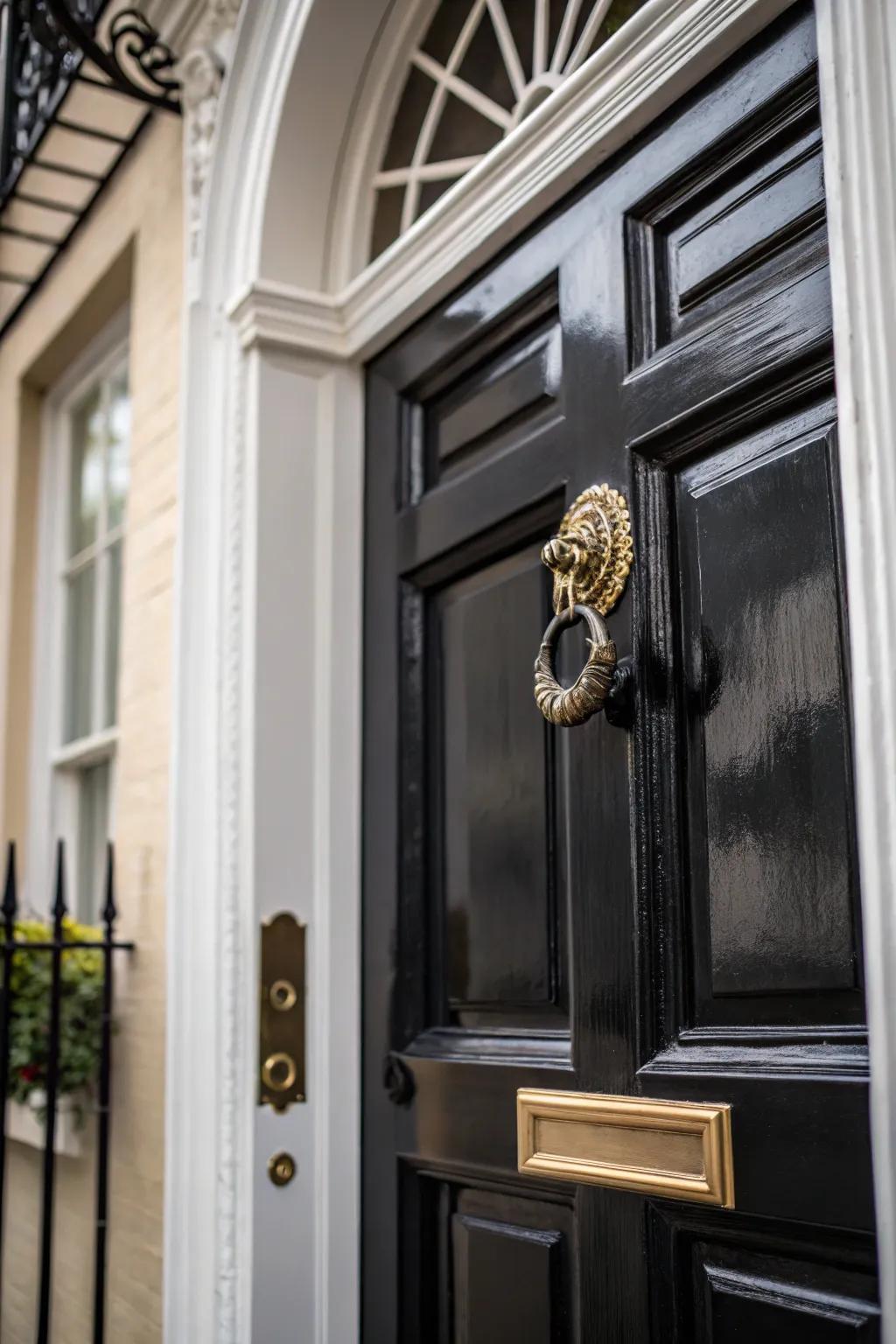 An antique brass door rapper introduces character to an onyx door with alabaster trim.