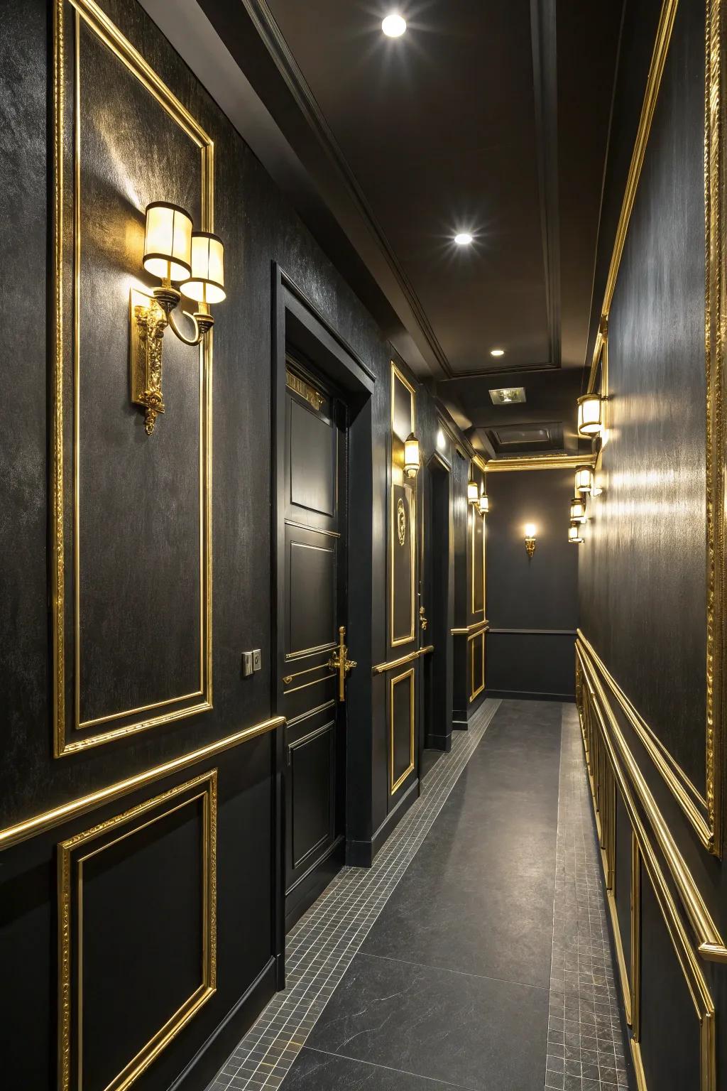 Shiny elements bring a hint of opulence to a black hallway.