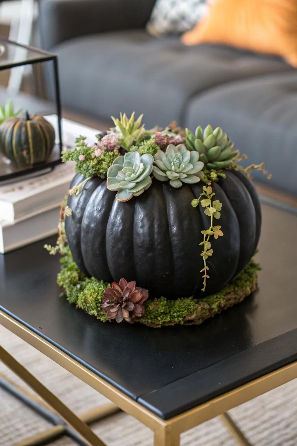 A dark-hued pumpkin with simulated plant accents, coalescing nature with festive decoration.