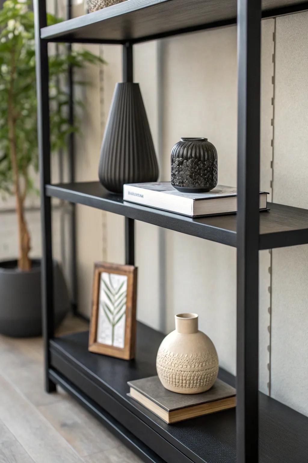 Tactical use of blank space on a black shelf underscoring simplicity.