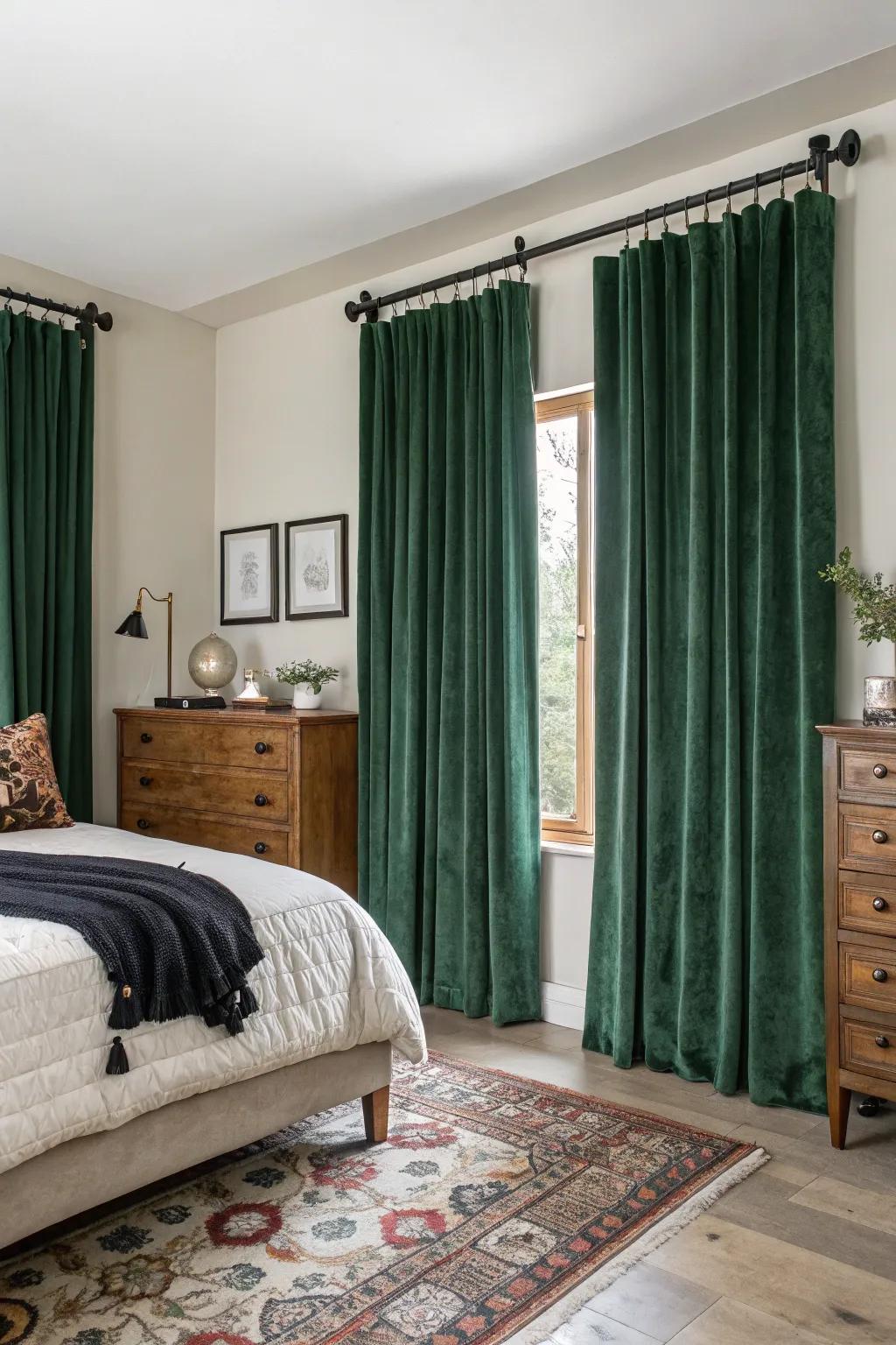 Emerald velvet drapes create a luxurious atmosphere.