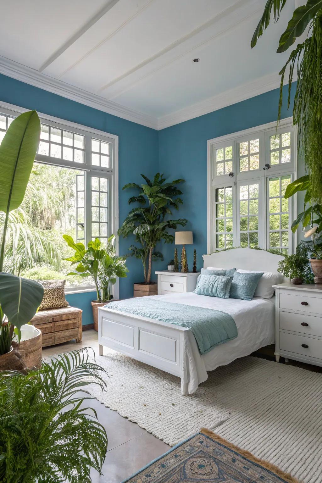 Nature-inspired elements add life and contrast to a blue and white bedroom.