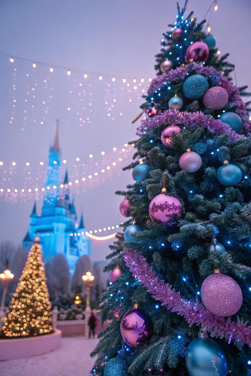 A playful and magical azure and rose Christmas tree design.