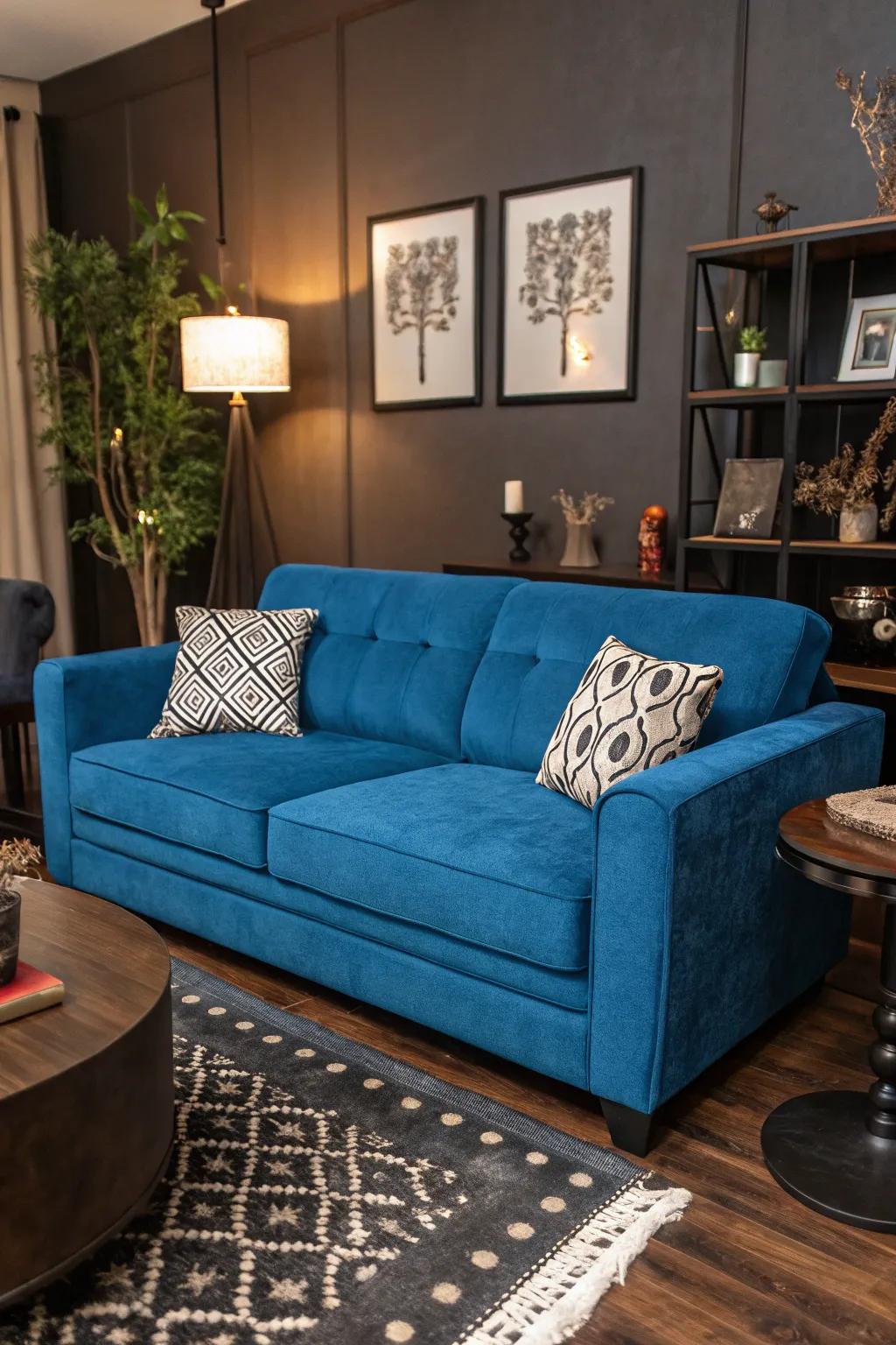 The living room is given more depth and drama by dark accents.