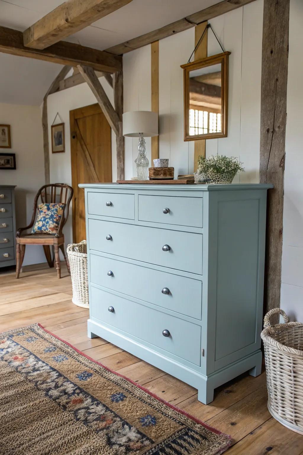 A chalky blue dresser contributing softness to a modern farmhouse room.