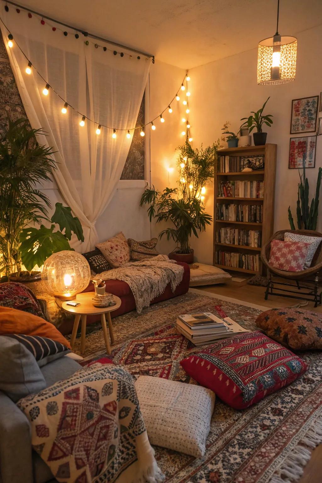 A snug bohemian ambiance with warm lighting.