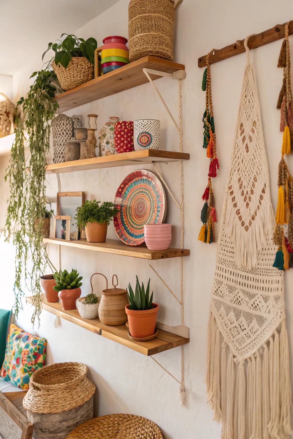 The functionality and appearance of this wall are amplified through the addition of bohemian platforms.