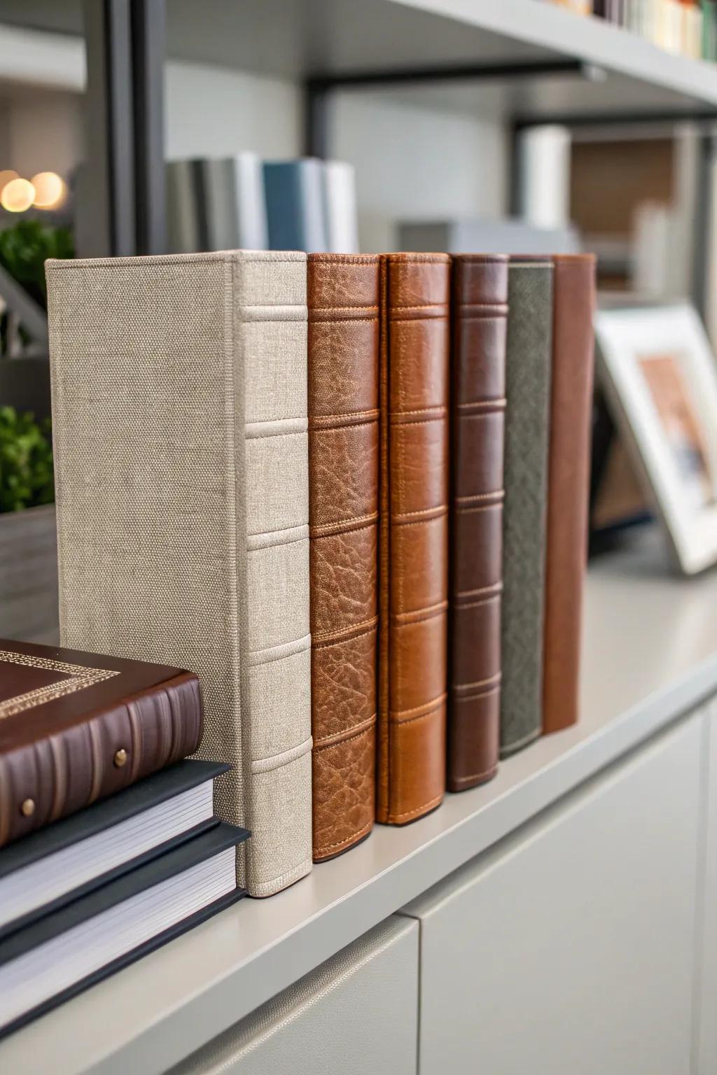 Textured book jackets introduce both depth and intrigue.