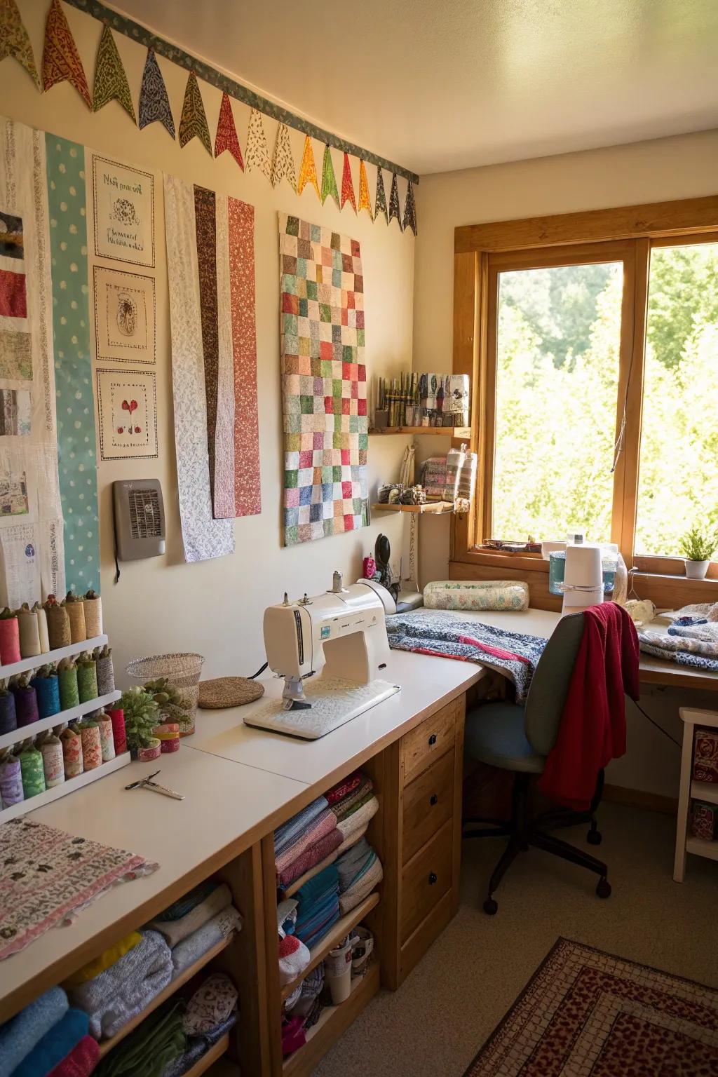 Material shard borders introduce a crafty, colorful detail to sewing spaces.