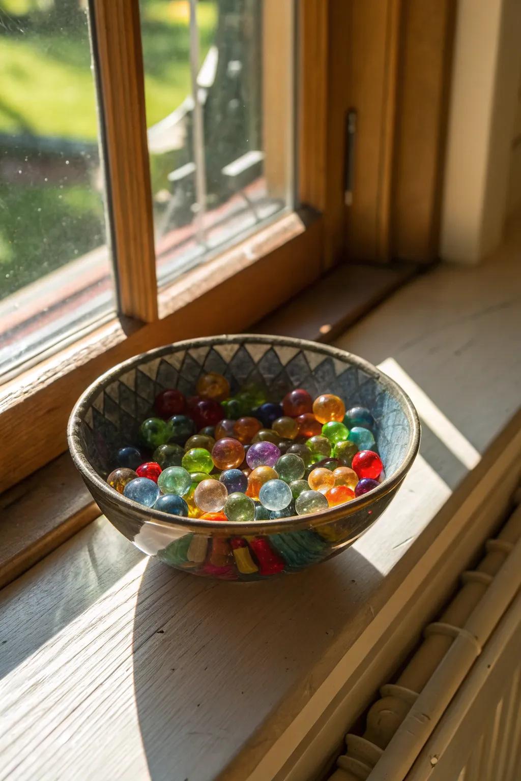 An ornamental bowl featuring reclaimed glass beads in a vibrant array of colors