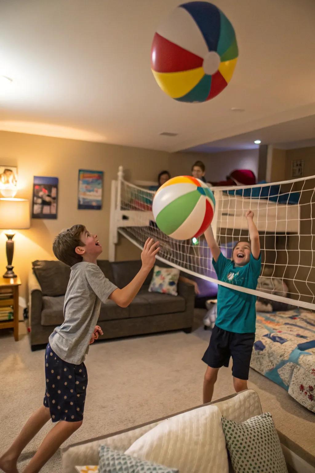 Balloon volleyball is an energetic and enjoyable sleepover game.
