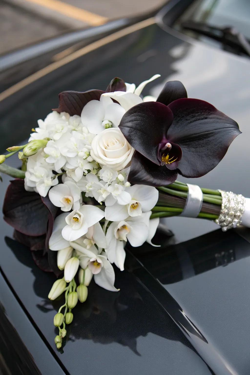An edgy and modern bouquet with striking onyx and ivory contrasts.