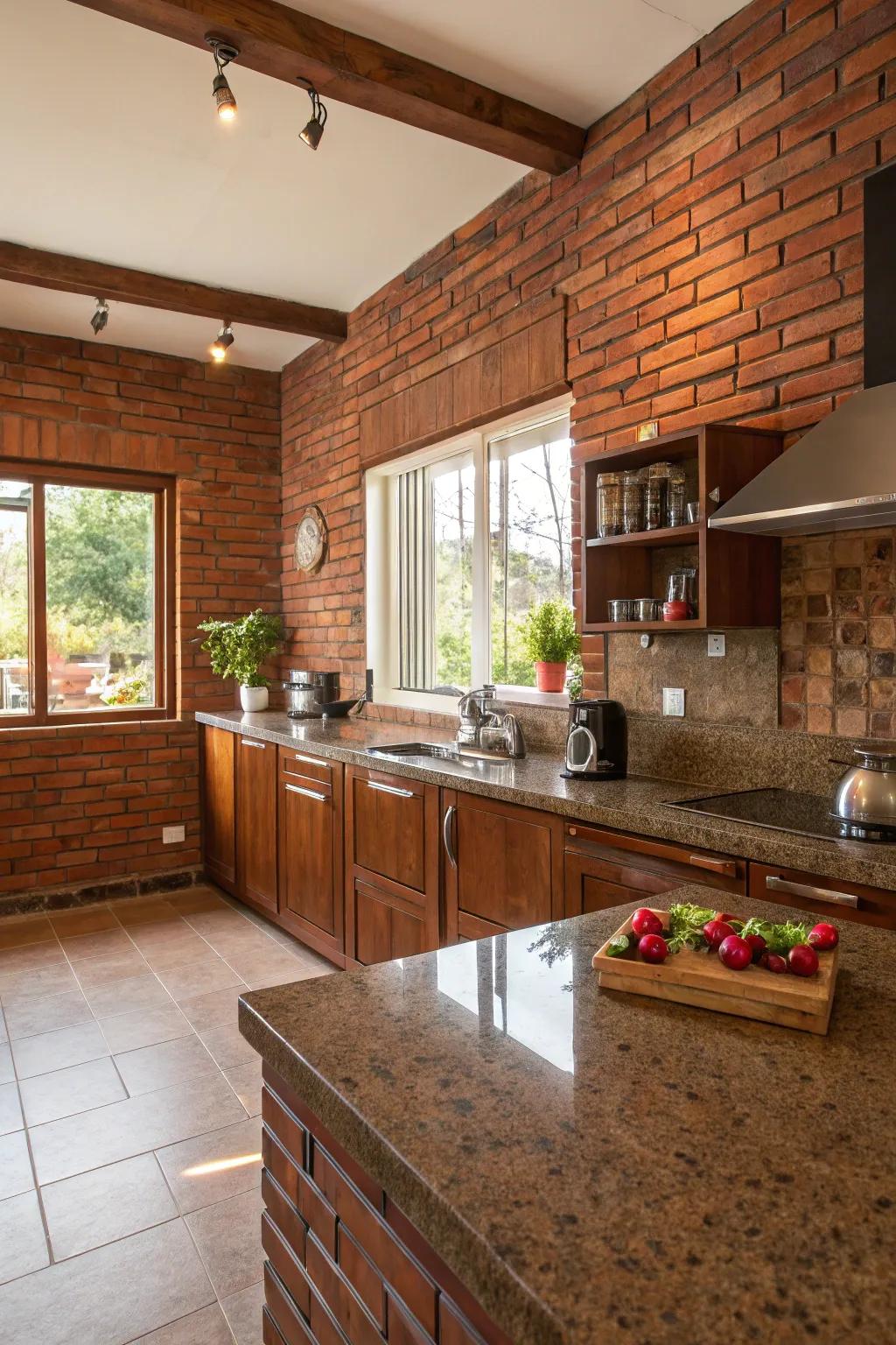 Tile carmine walls introduce warmth and rustic charm to the kitchen.