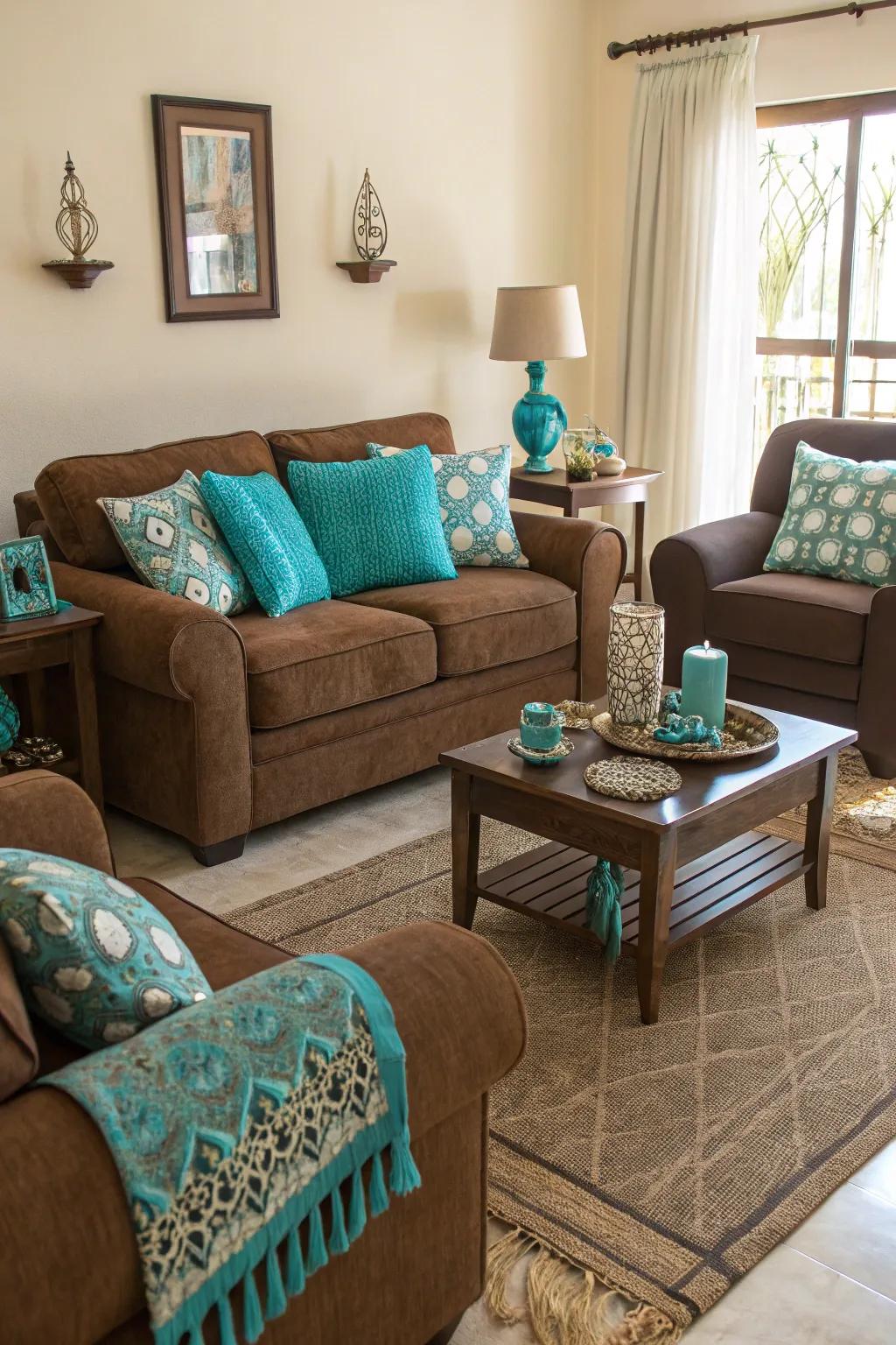 Vibrant accents like turquoise contribute a lively touch to brown design.