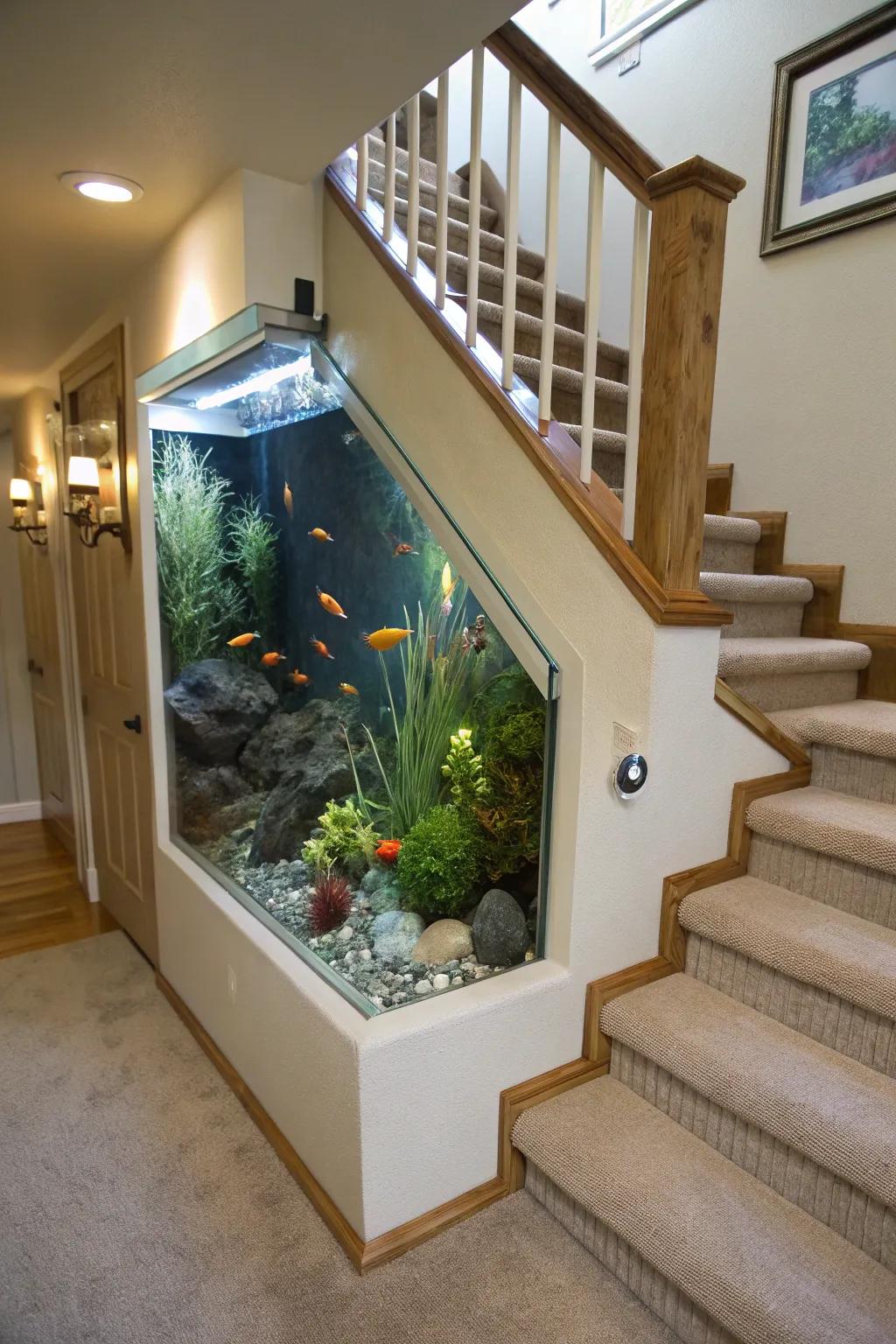 An underwater escape with an aquarium in the stair bulkhead.