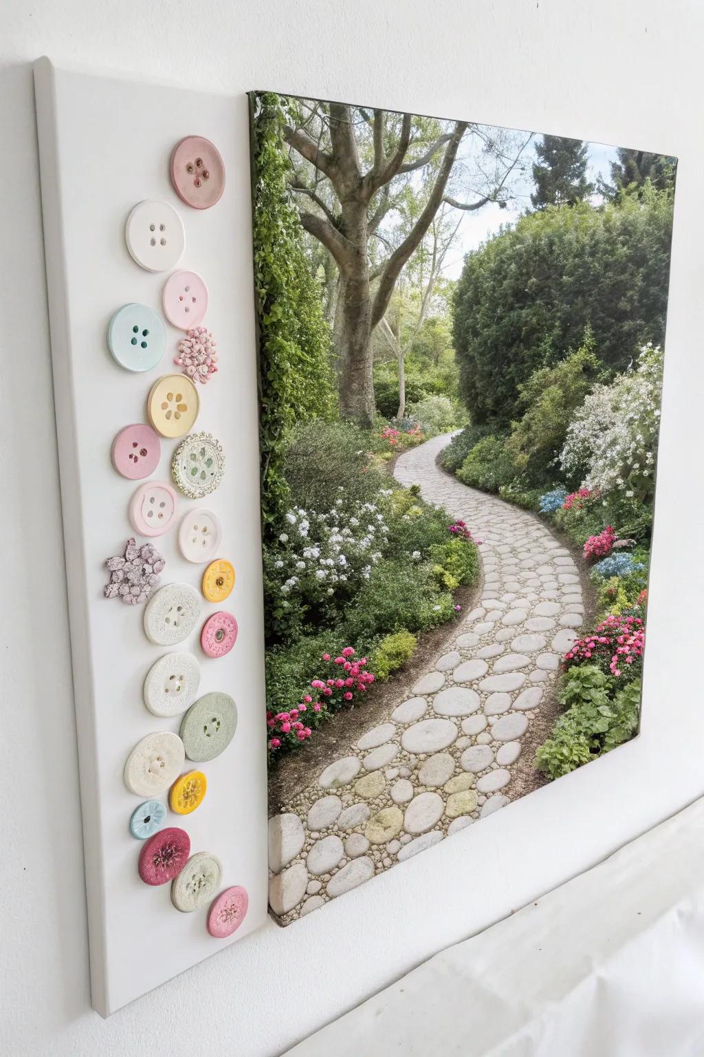 Meander through a whimsical button garden path, where simplicity harmonizes with playful elegance.
