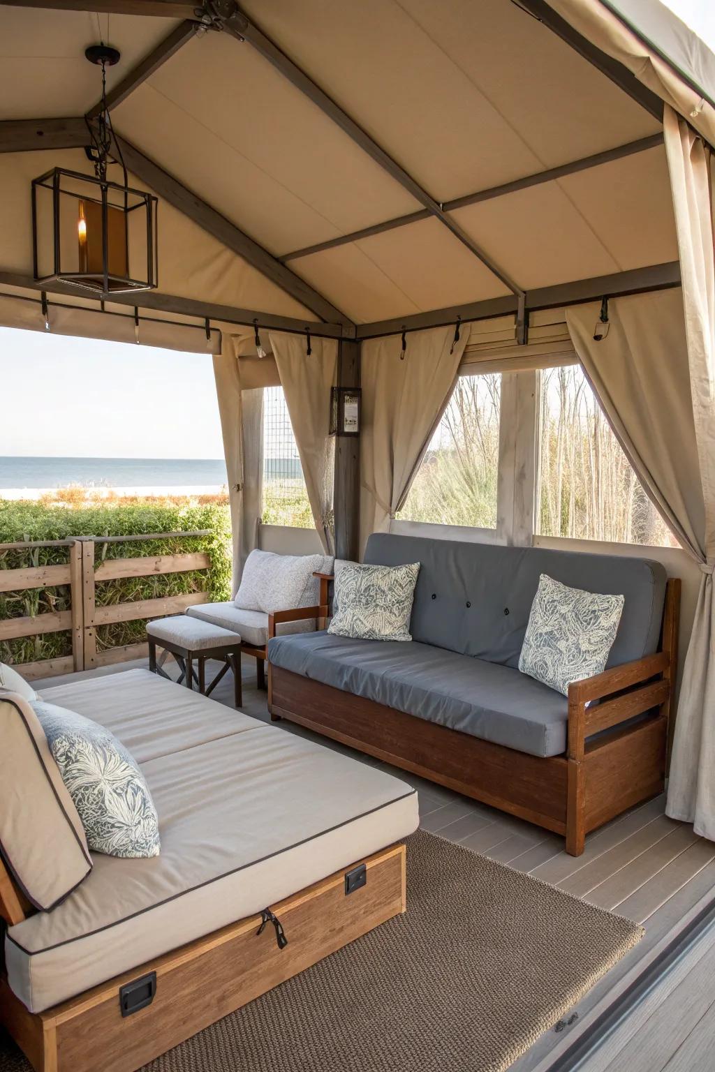 A functional cabana featuring dual-purpose furnishings for optimized flexibility.