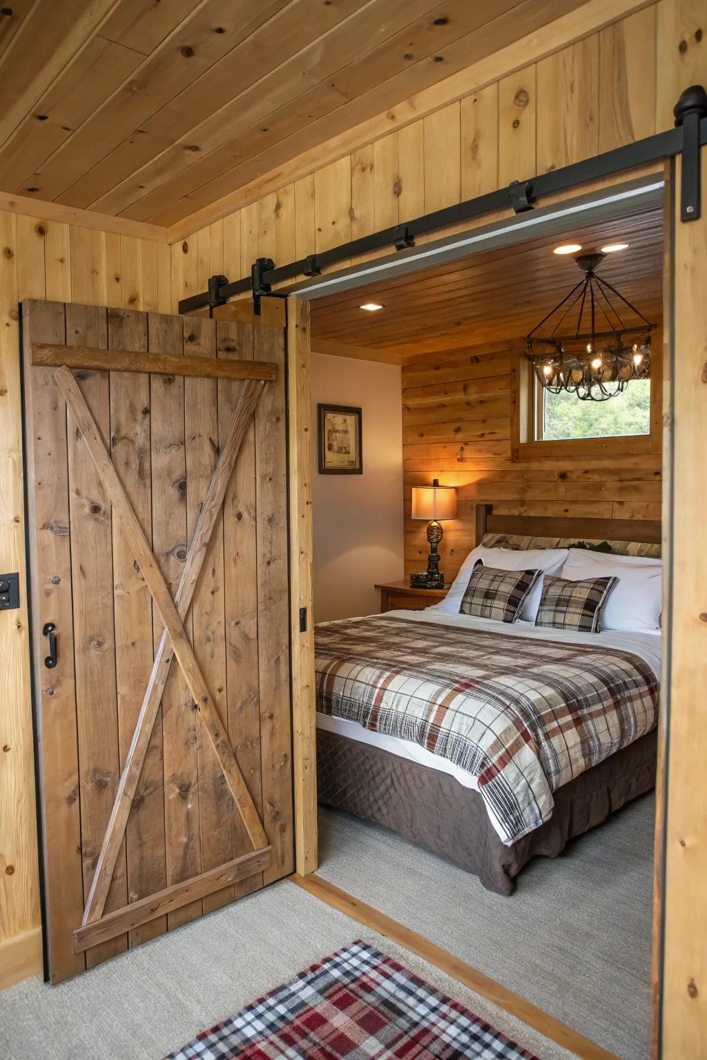 A cabin bedroom featuring sliding barn doors.