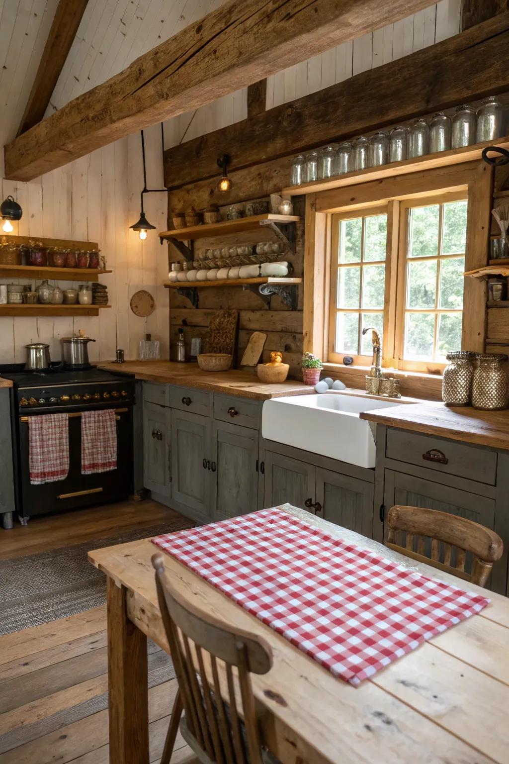 Brass hardware contributes a subtle elegance to a log cabin kitchen.