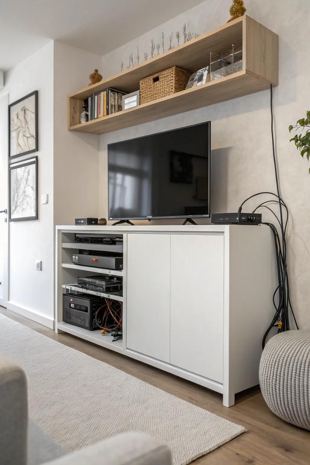 Cabinet retaining cables concealed and arranged.