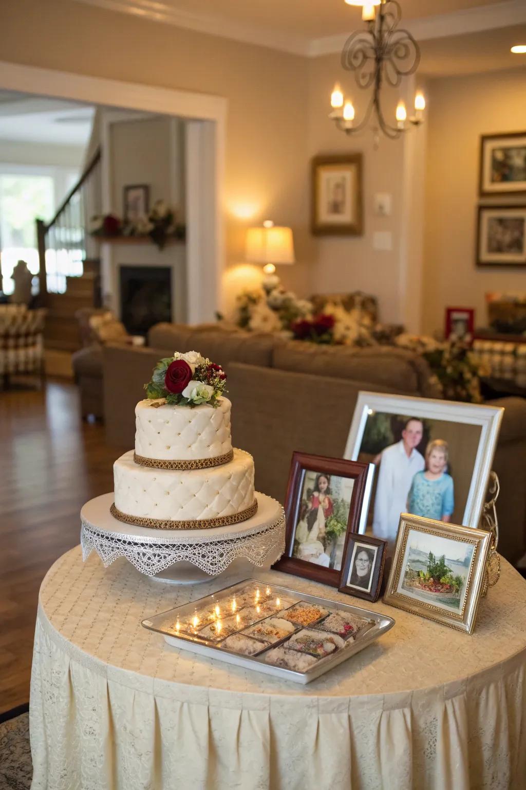 A cake display featuring family portraits, injecting a thoughtful and meaningful attribute.