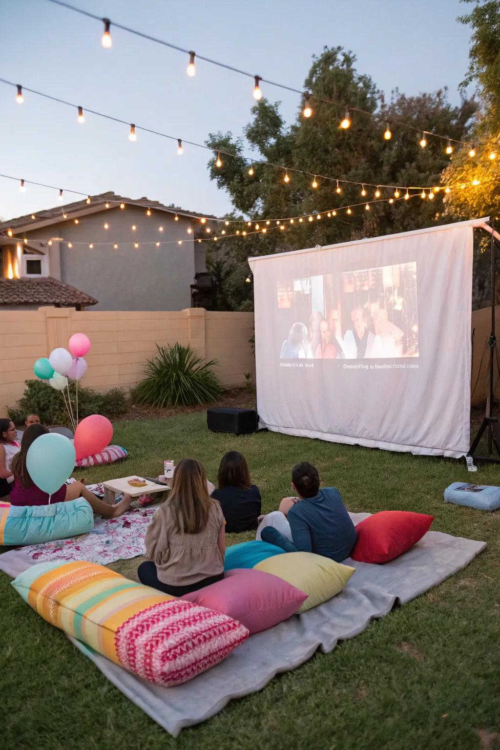 An enchanting external cinematographic projection beneath the celestial expanse.