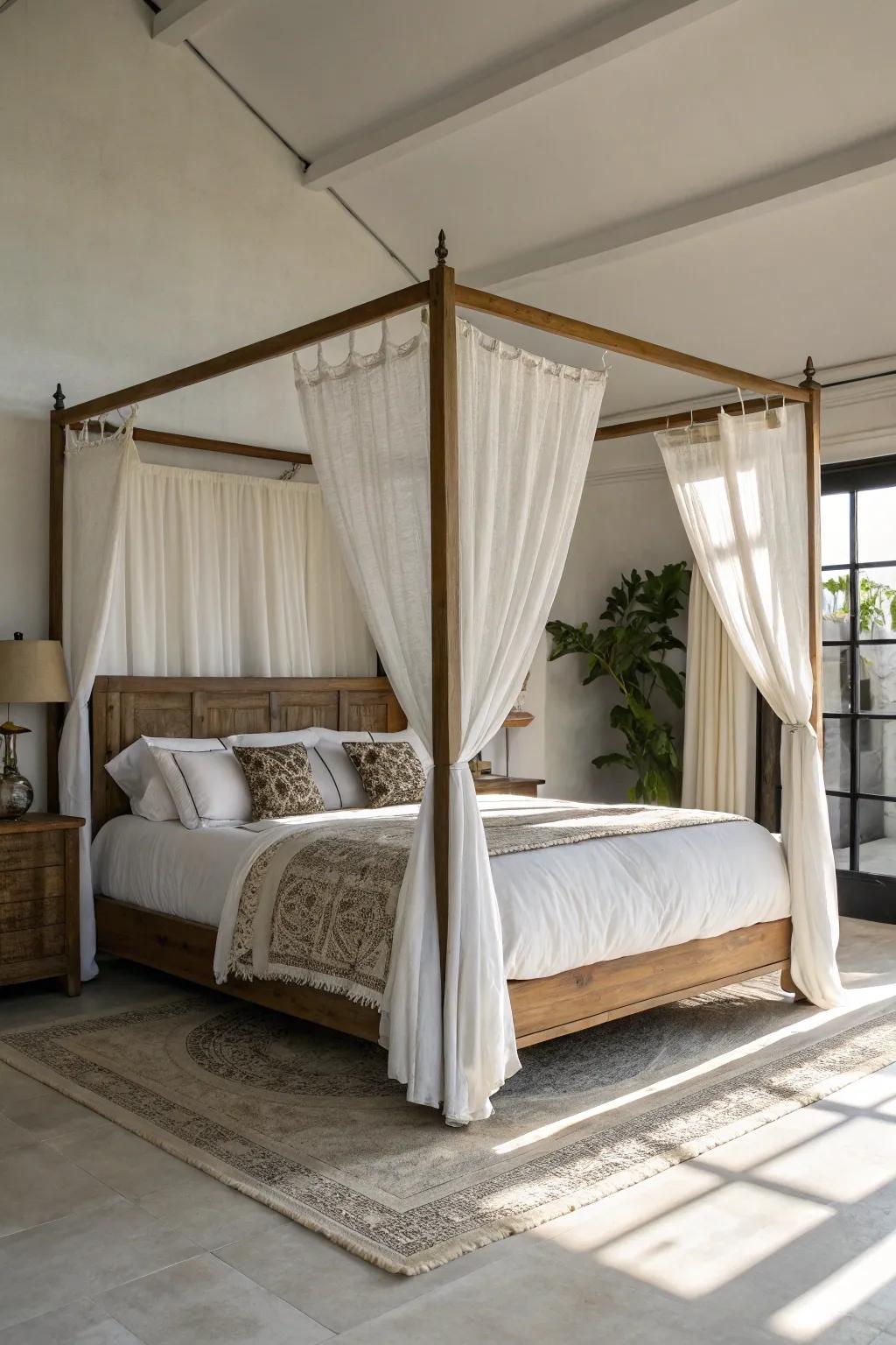 A four-poster bed serves as a stylish room divider within a studio.