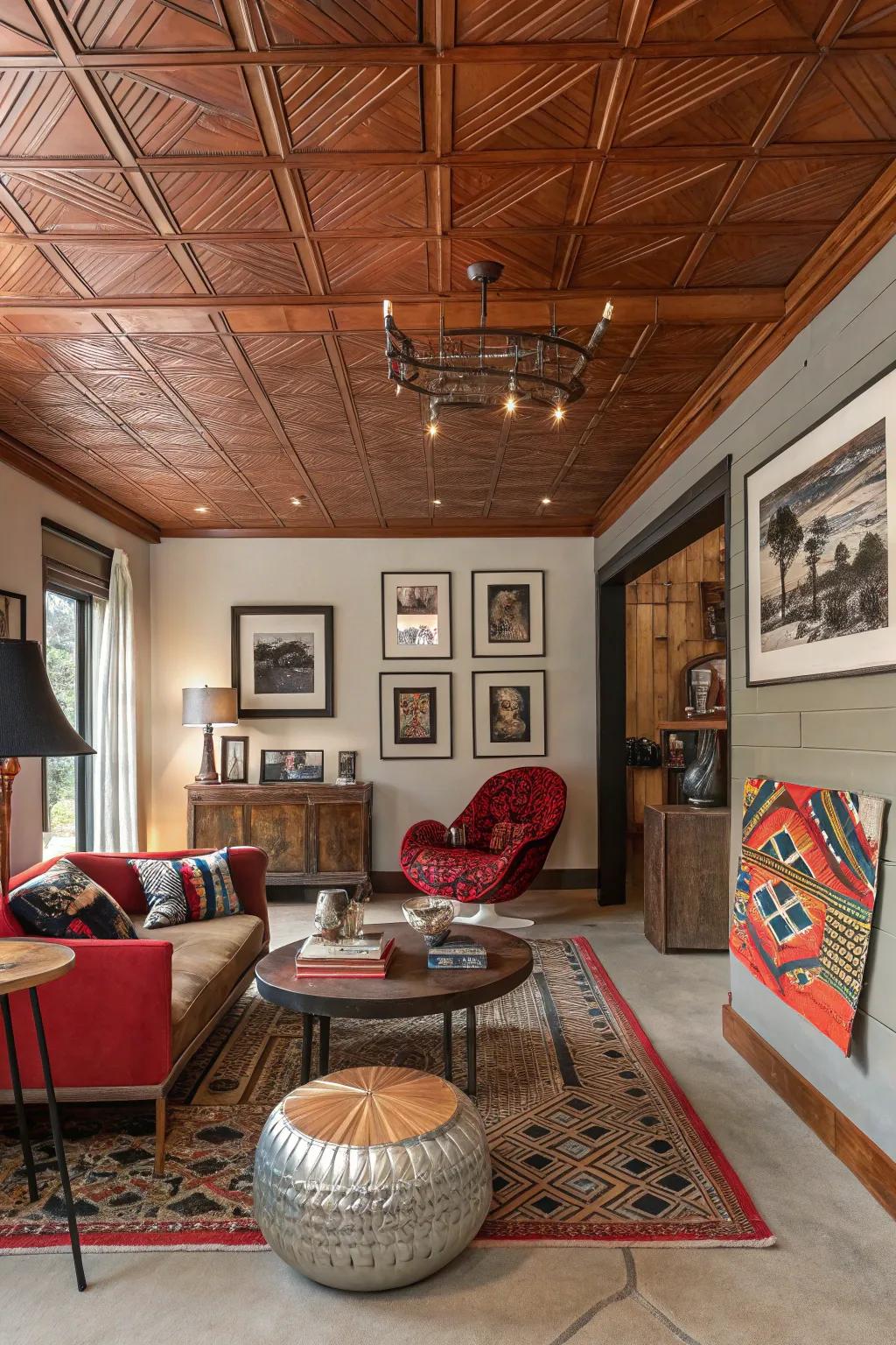 An eclectic interior showcases a cedar ceiling coupled with metal accents for a distinctive charm.