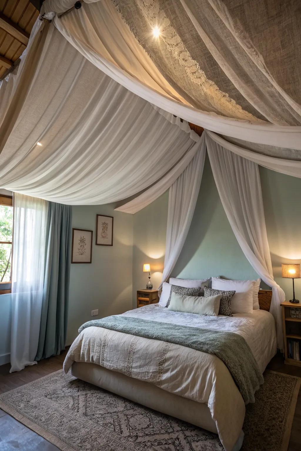 A bedroom exhibiting draped textile conjuring an inviting, snug locale.