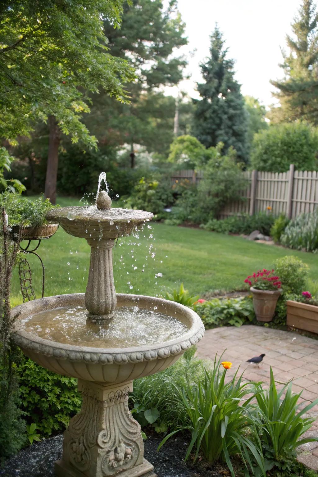 A bird bath oasis attracts wildlife and introduces tranquility.