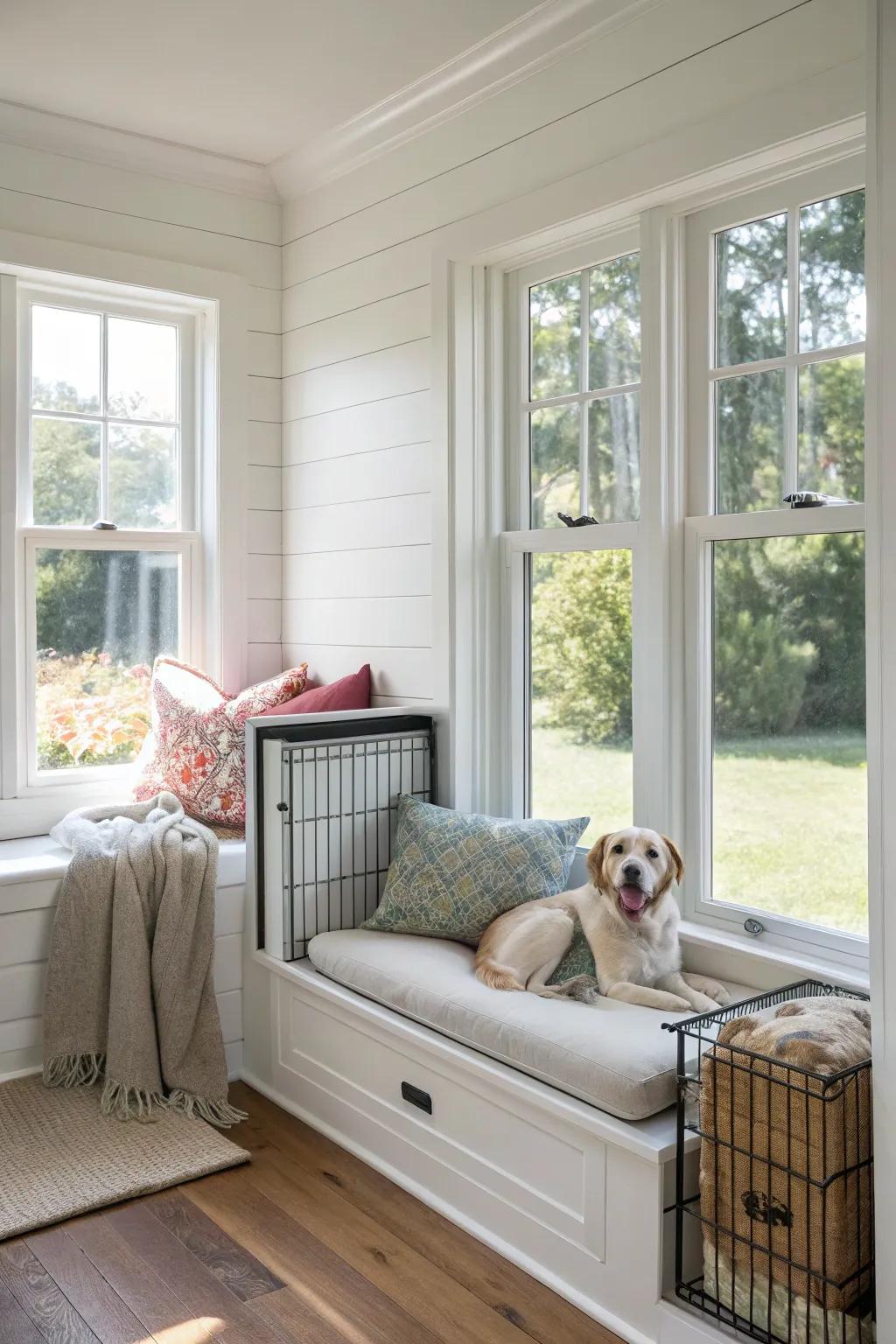 A window seat that doubles as a cozy kennel space.