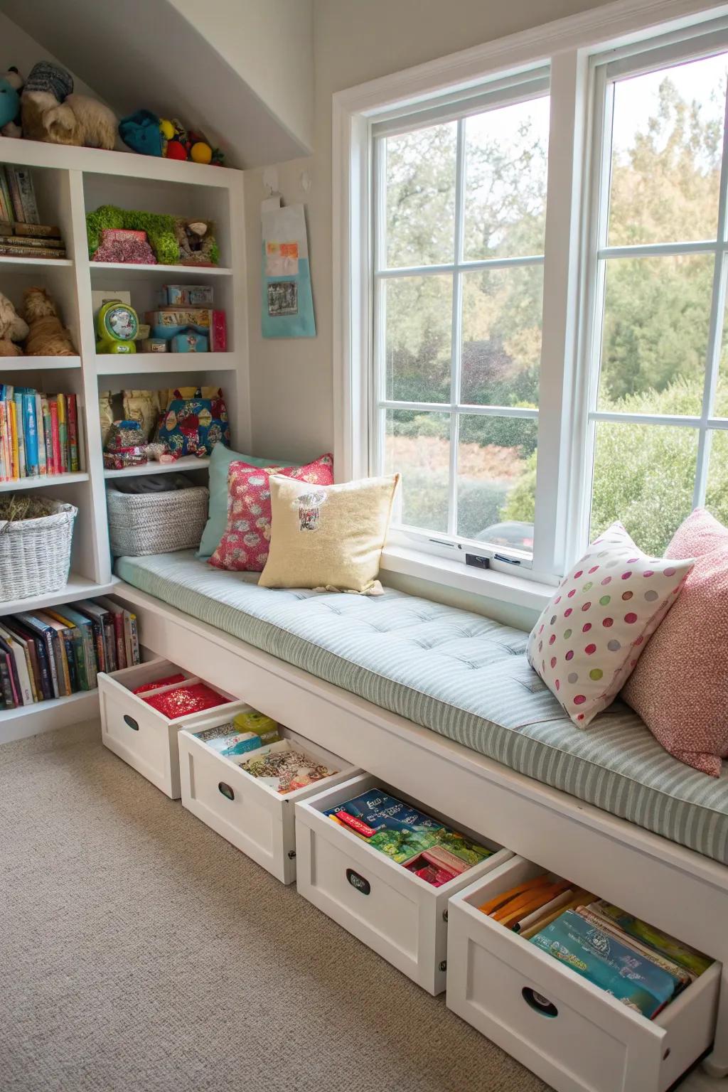 Window seats furnish comfort and concealed storage.
